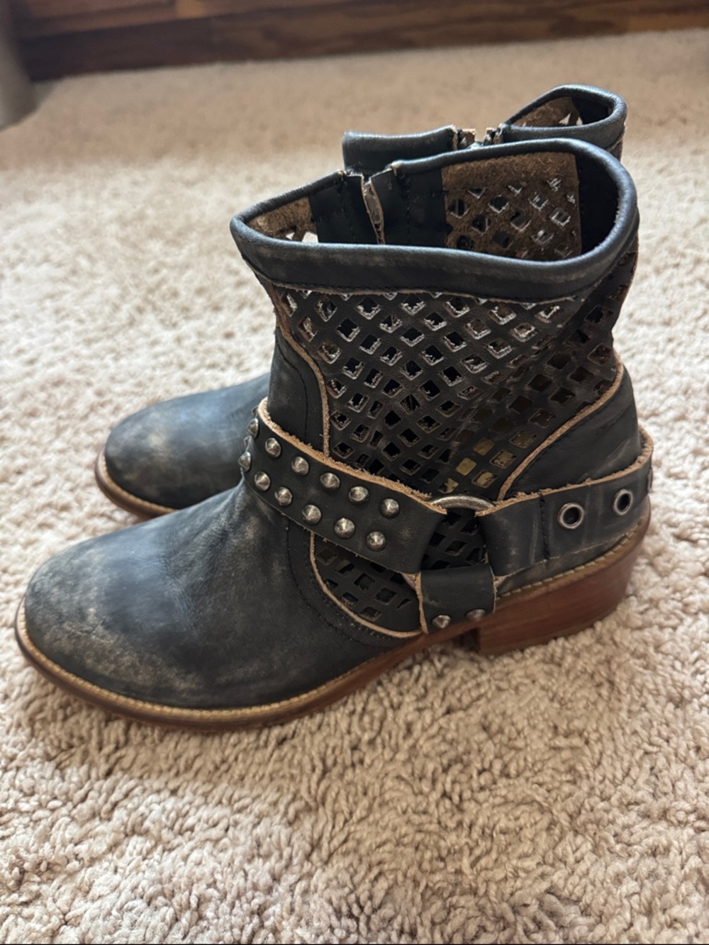 Musse & Cloud Black Perforated Studded Ankle Boots size 7